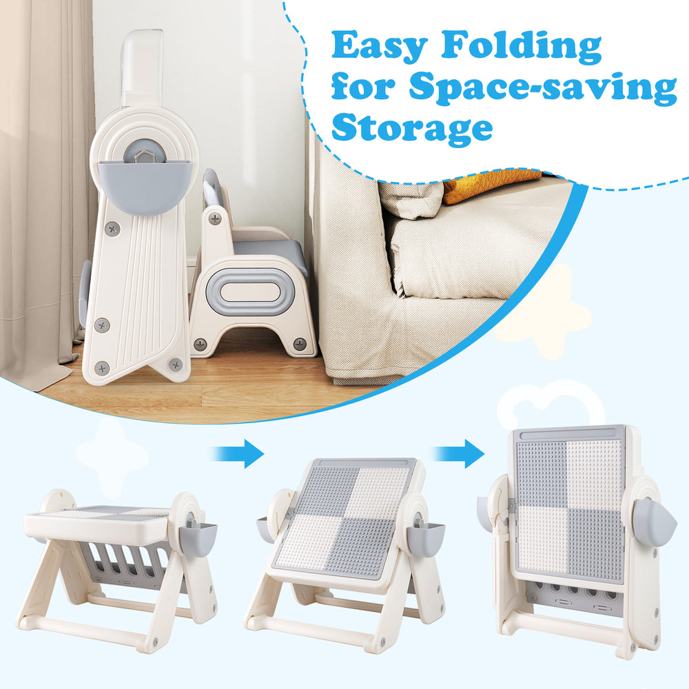 6-in-1 multi-activity children table and chair set in gray and white, easily folds for space-saving storage.