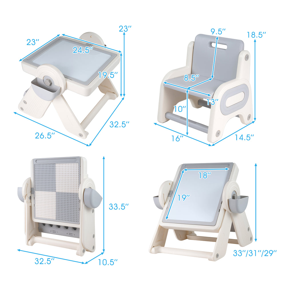 Multi-activity children's table and chair set in gray and white, featuring adjustable height and folding design for.