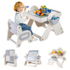 Multi-activity children table and chair set in gray and white, featuring a grooved tabletop for building blocks and.