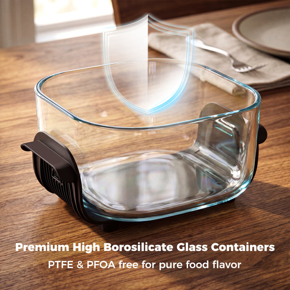 Premium high borosilicate glass container for the 6-in-1 portable air fryer, dishwasher safe and PFAS free for pure.