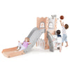 L-shaped toddler slide playground in pink with basketball hoop, slide, and climbing features for safe play and skill.