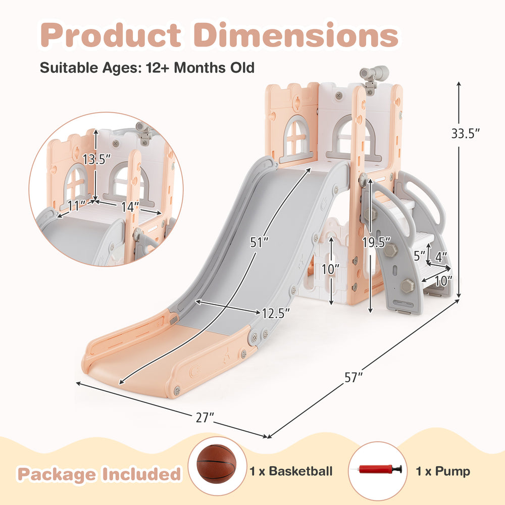 L-shaped pink toddler slide playground with basketball hoop, ladder, and safety features for children aged 12 months.
