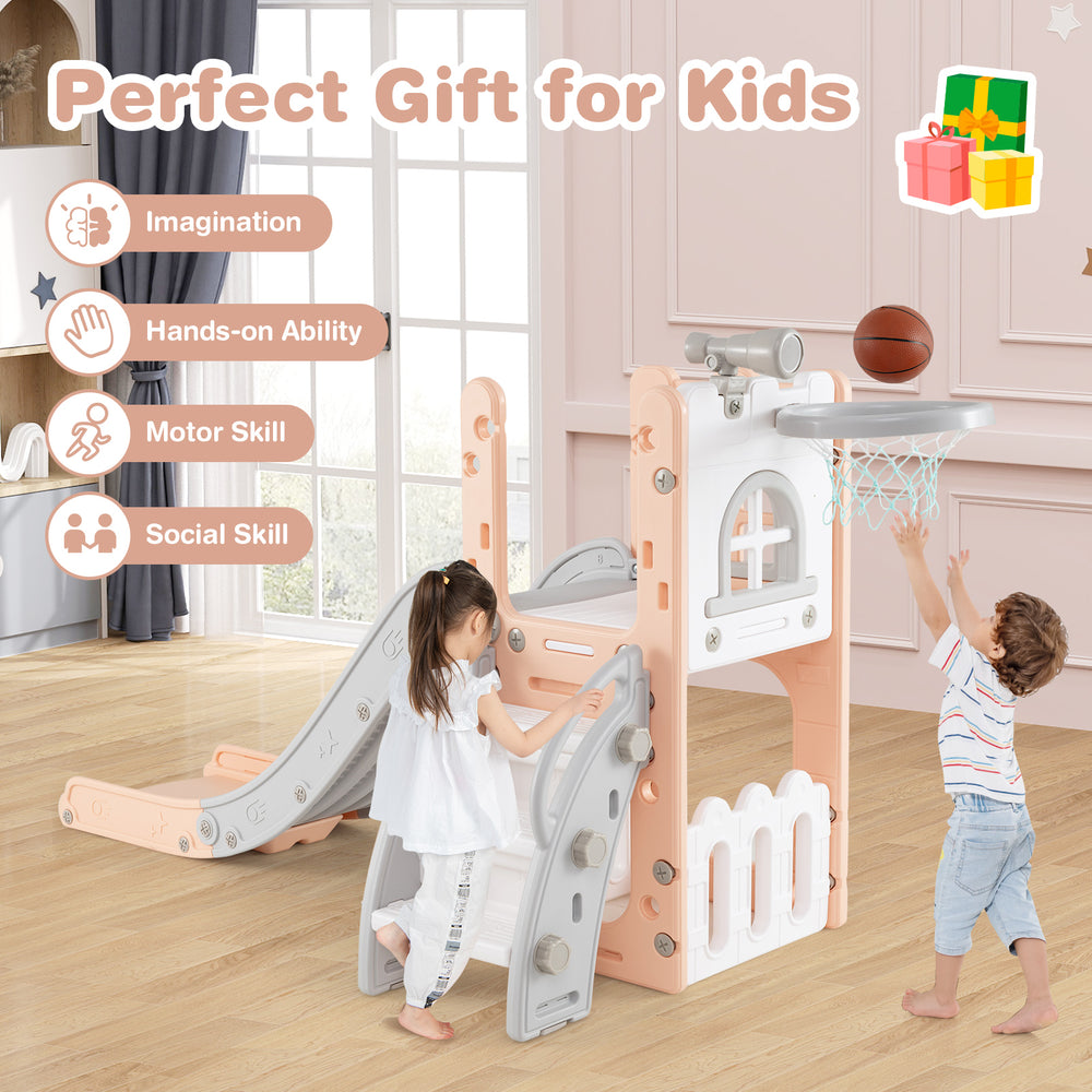 L-shaped toddler slide playground in pink with basketball hoop, ladder, and safe climbing features for kids' play.