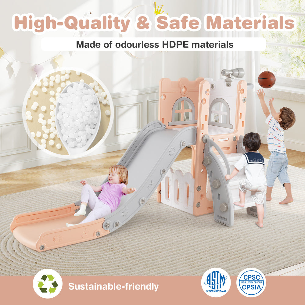 L-shaped toddler slide playground in pink with basketball hoop, made from safe HDPE materials for secure play.