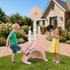 Colorful 6-in-1 toddler basketball hoop in pink with adjustable height, perfect for indoor and outdoor play.