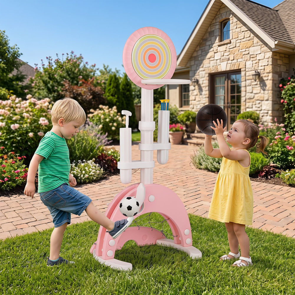 Colorful 6-in-1 toddler basketball hoop in pink with adjustable height, perfect for indoor and outdoor play.