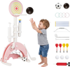 6-in-1 toddler basketball hoop in pink features adjustable height for various sports like basketball, football, and archery.