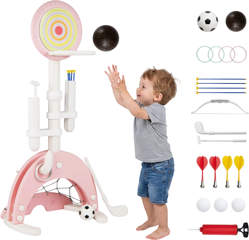 6-in-1 toddler basketball hoop in pink features adjustable height for various sports like basketball, football, and archery.