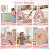 6-in-1 toddler basketball hoop in pink features adjustable height and includes basketball, football, archery, and dart games.