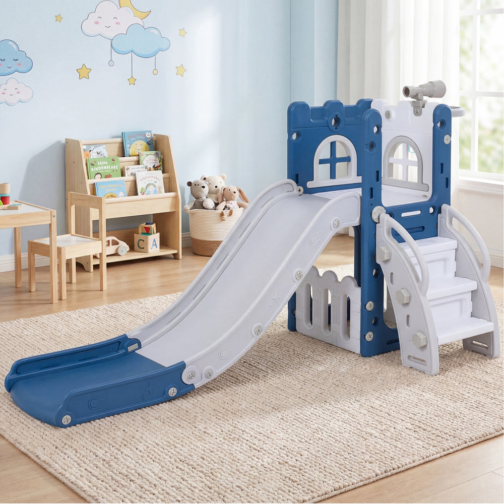 6-in-1 Toddler Slide L-shaped Playground with Basketball Hoop and Ladder-Blue - Gallery View 1 of 11