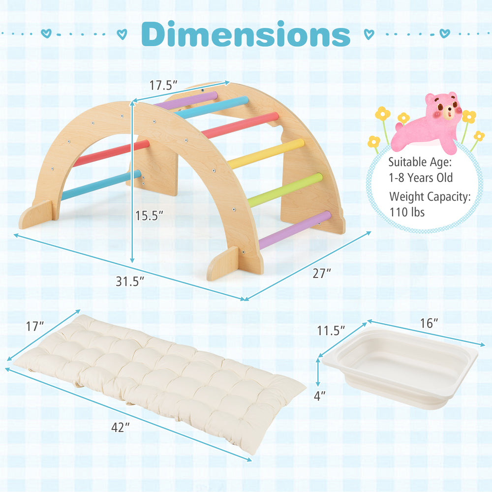Kids climbing arch playset with removable cushion, multicolor, promotes physical development and sensory stimulation.