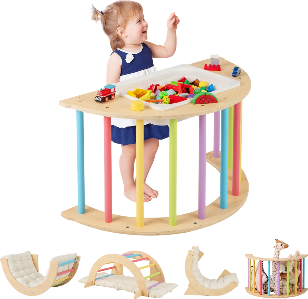 Multicolor 6 in 1 kids climbing arch playset with removable cushion, serving as a climber, rocker, and sensory table.