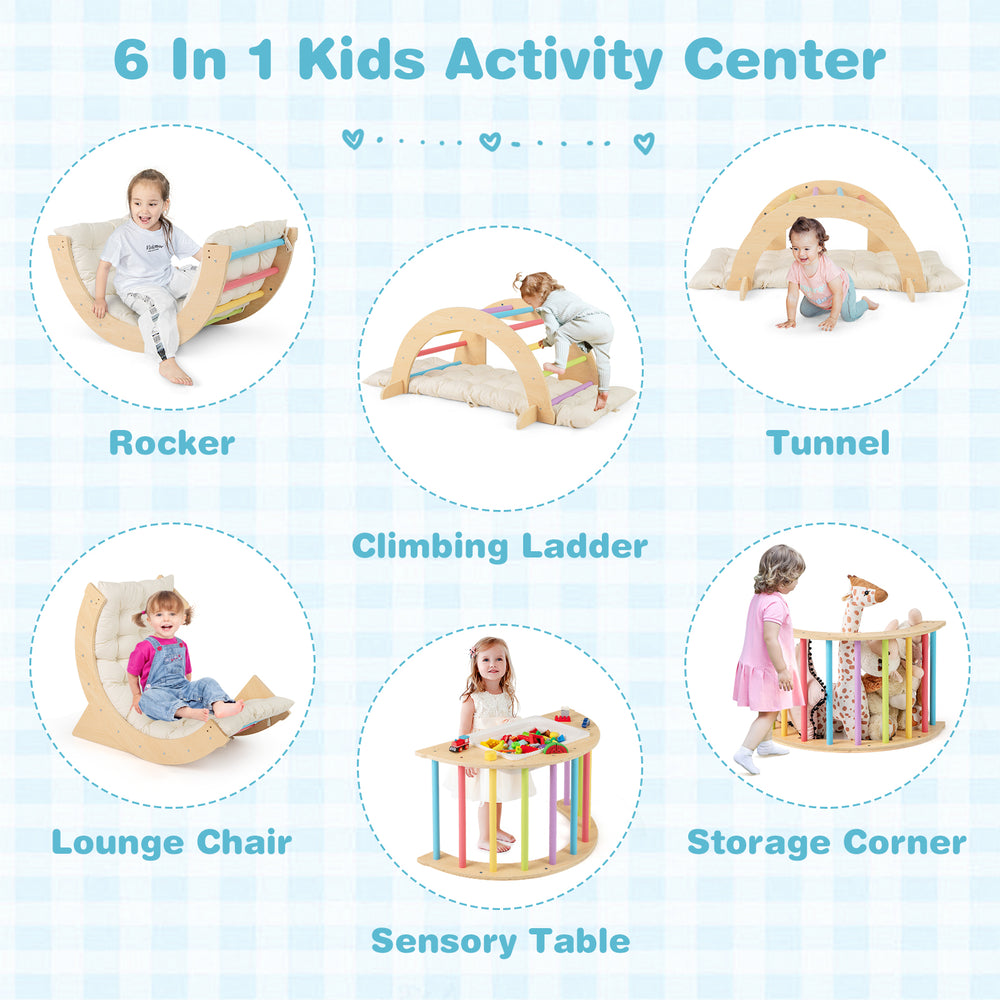 6-in-1 kids climbing arch playset with removable cushion, featuring a rocker, tunnel, lounge chair, and sensory table.