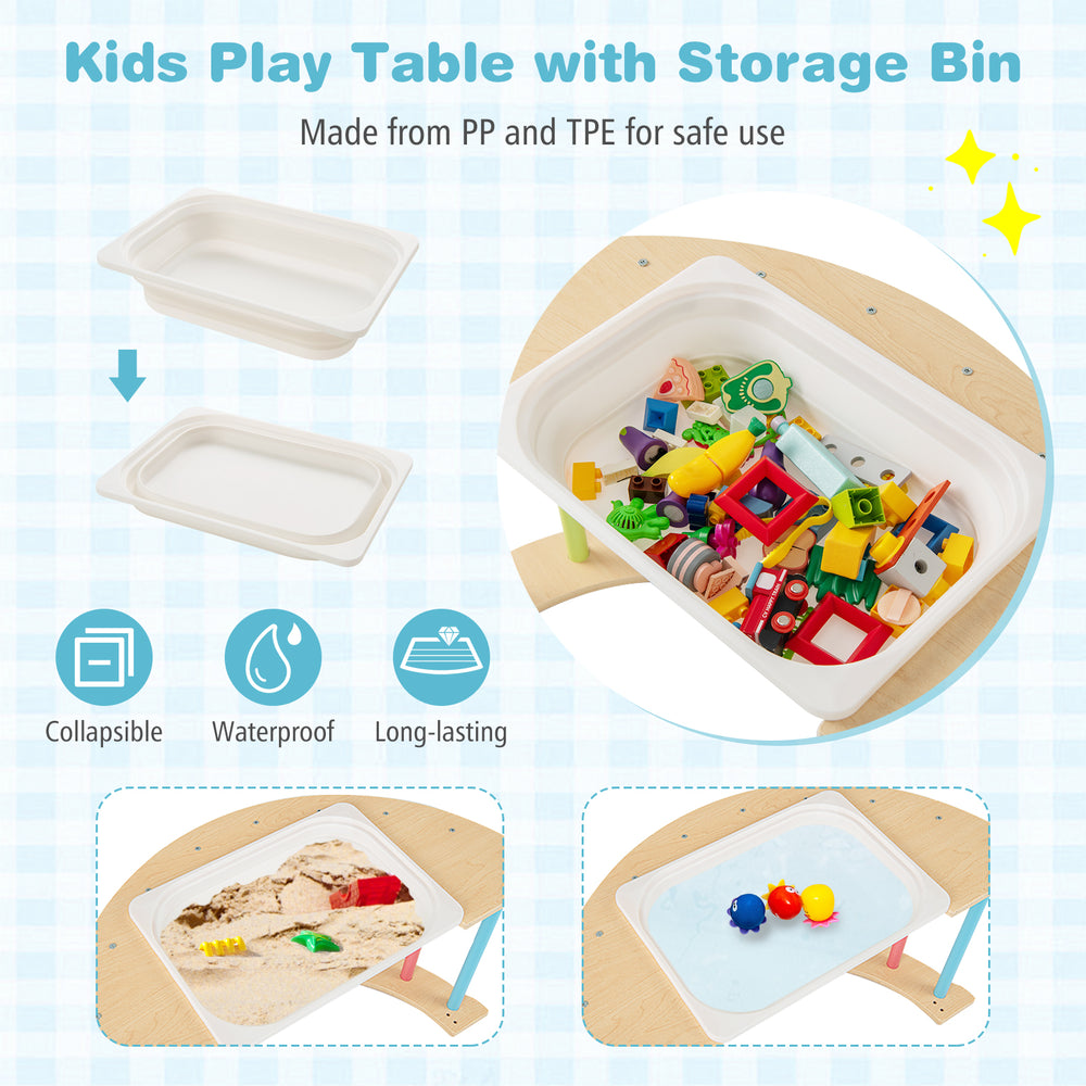 Kids play table with collapsible storage bin, made from PP and TPE, promotes organization and safe play for children.