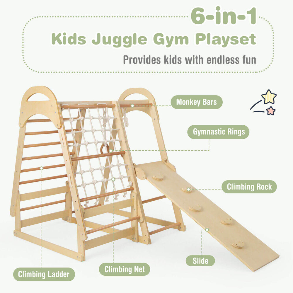 6-in-1 wooden kids jungle gym playset with slide, climbing net, monkey bars, and gymnastics rings for active play.