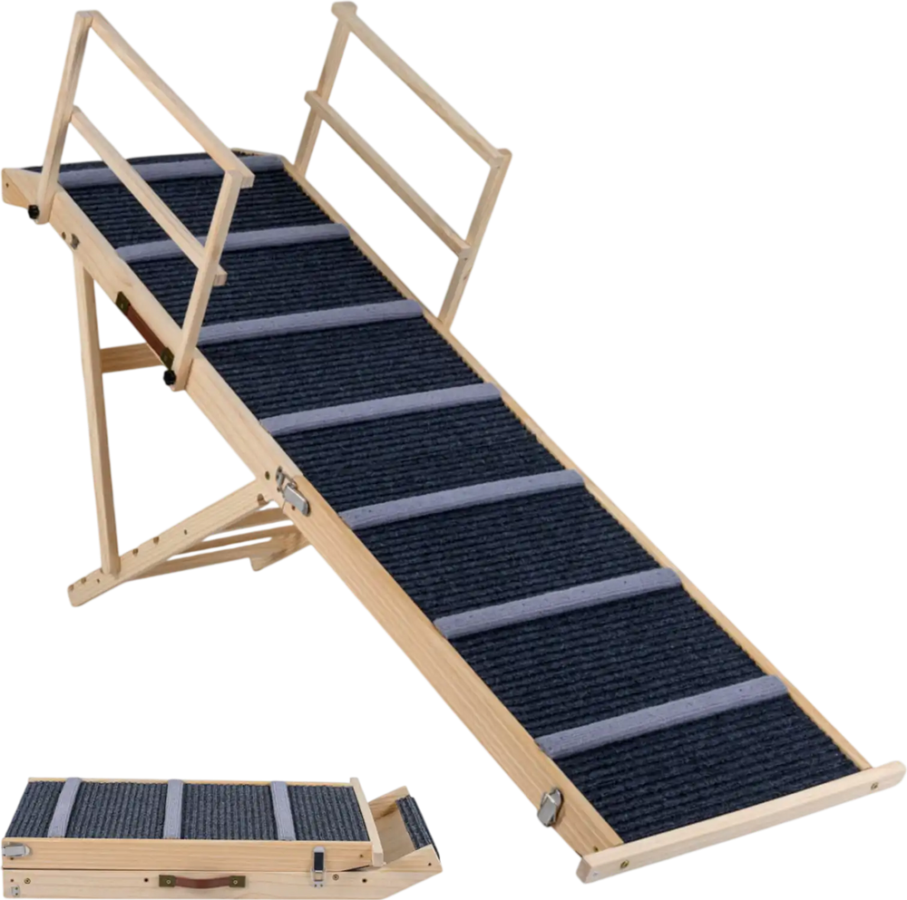 Foldable dog ramp with 6 adjustable heights, featuring a sturdy wooden frame and textured surface for easy access.
