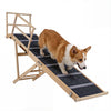 Adjustable foldable dog ramp with a textured surface, designed for high beds and couches, shown in use by a corgi.