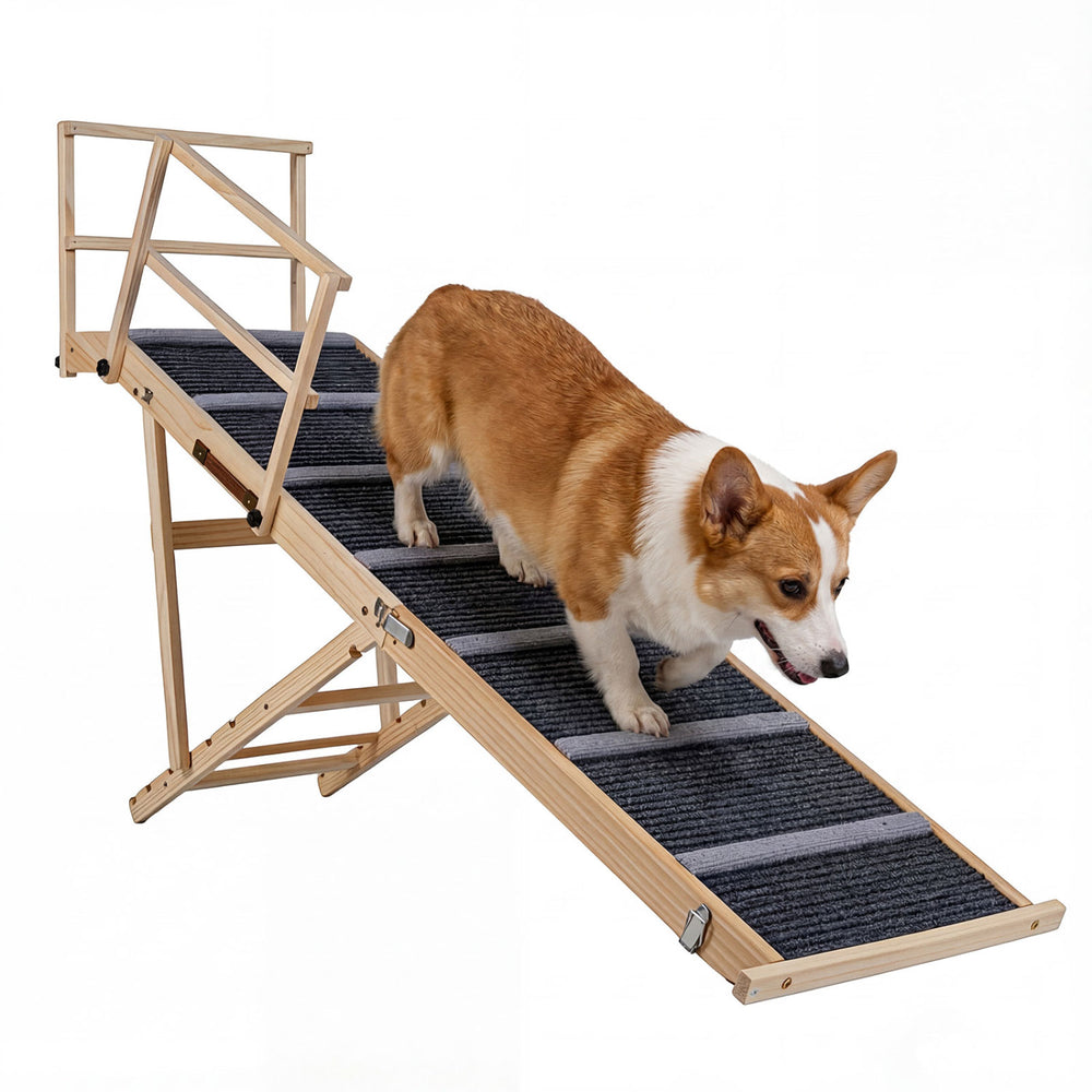 Adjustable foldable dog ramp with a textured surface, designed for high beds and couches, shown in use by a corgi.