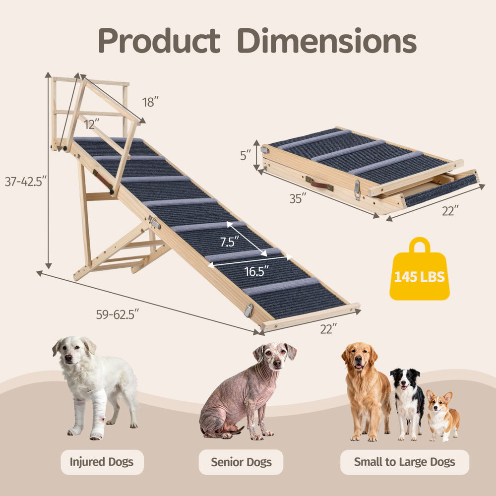 Height adjustable foldable dog ramp with dimensions for small to large dogs, supporting up to 145 lbs.