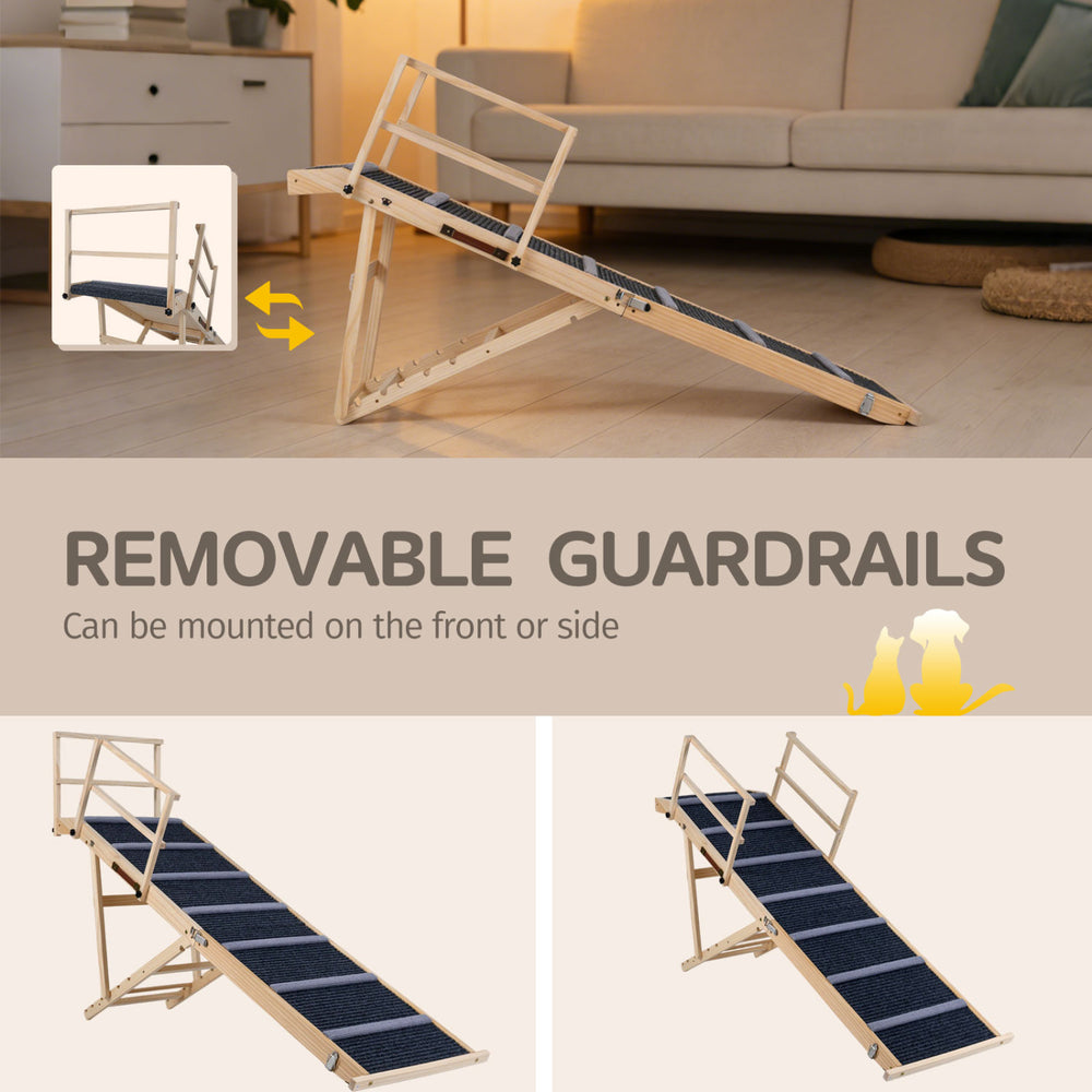 Height adjustable foldable dog ramp with removable guardrails, designed for high beds and couches.