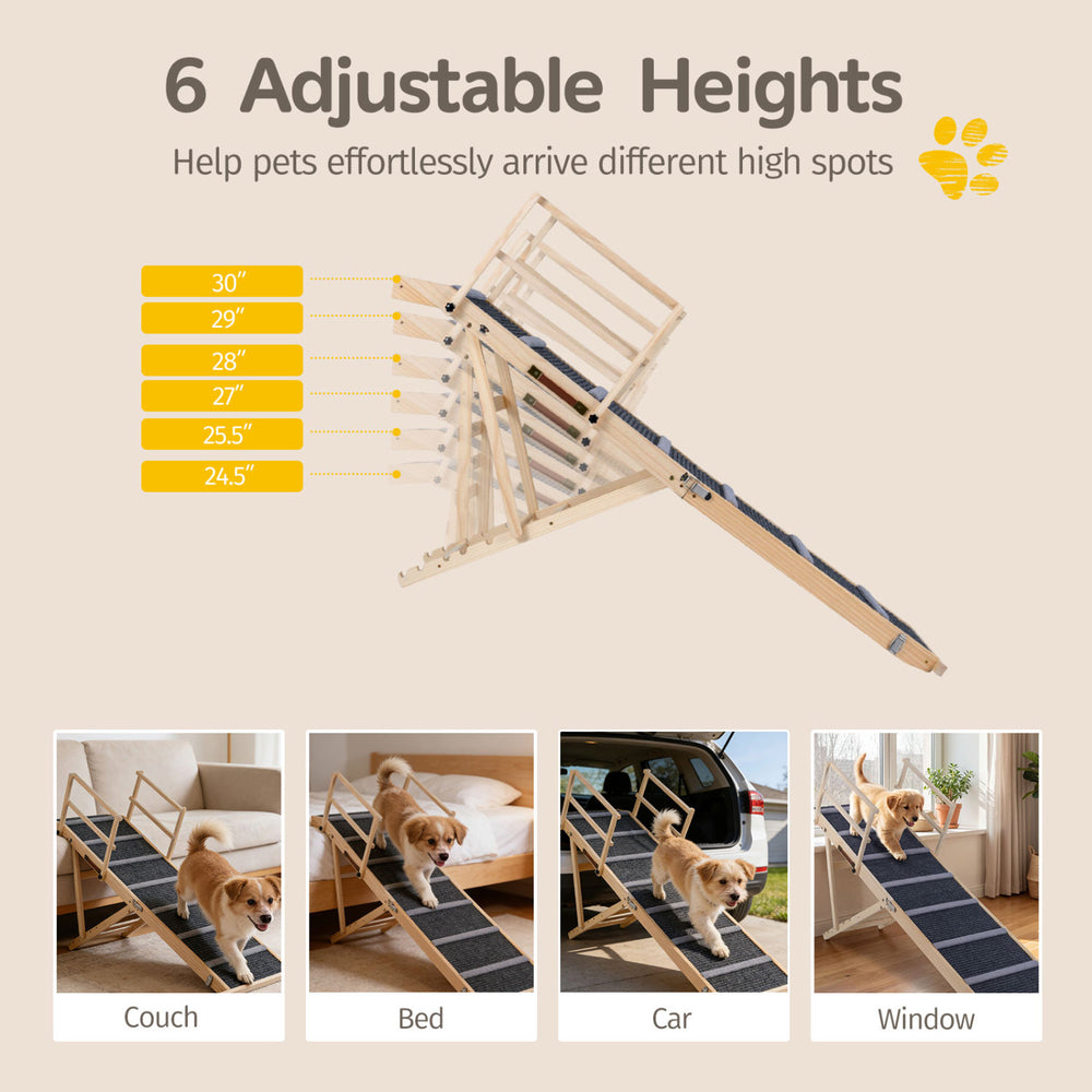 6-level height adjustable dog ramp shown in various settings, ideal for high beds and couches.