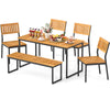 Outdoor acacia wood dining set featuring a rectangular table, bench, and four ergonomic chairs, perfect for patio.