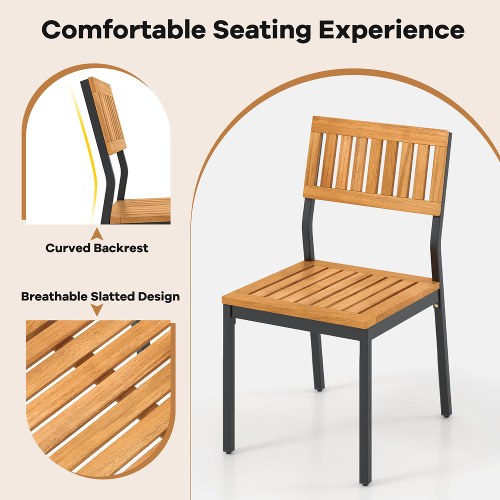 Single acacia wood patio chair with slatted design and curved backrest, ideal for outdoor dining and relaxation.