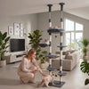 6-tier gray cat tree with plush beds and sisal scratching posts, featuring a rotatable hammock and multiple platforms.