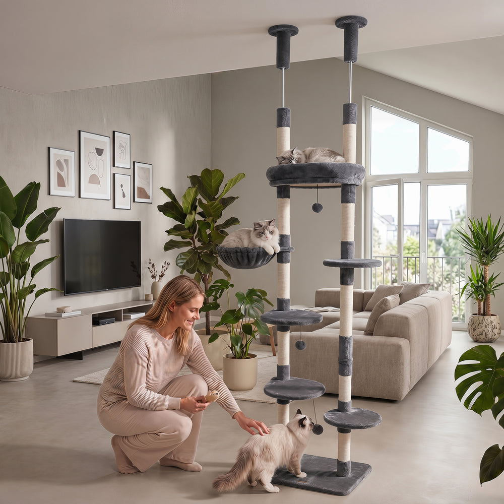 6-tier Floor to Ceiling Cat Tree with Plush Bed and Sisal Scratching Posts-Gray - Gallery View 1 of 9