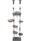 6-tier gray cat tree with plush beds, sisal scratching posts, and adjustable height for playful cats.