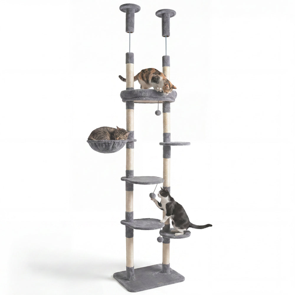 6-tier gray cat tree with plush bed, sisal scratching posts, and multiple platforms for climbing and napping.