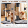 6-tier gray cat tree featuring plush bed, sisal scratching posts, and 3 dangling balls for playful engagement.