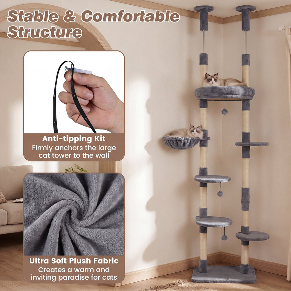 6-tier gray cat tree with plush bed, sisal scratching posts, and adjustable height for climbing and napping.
