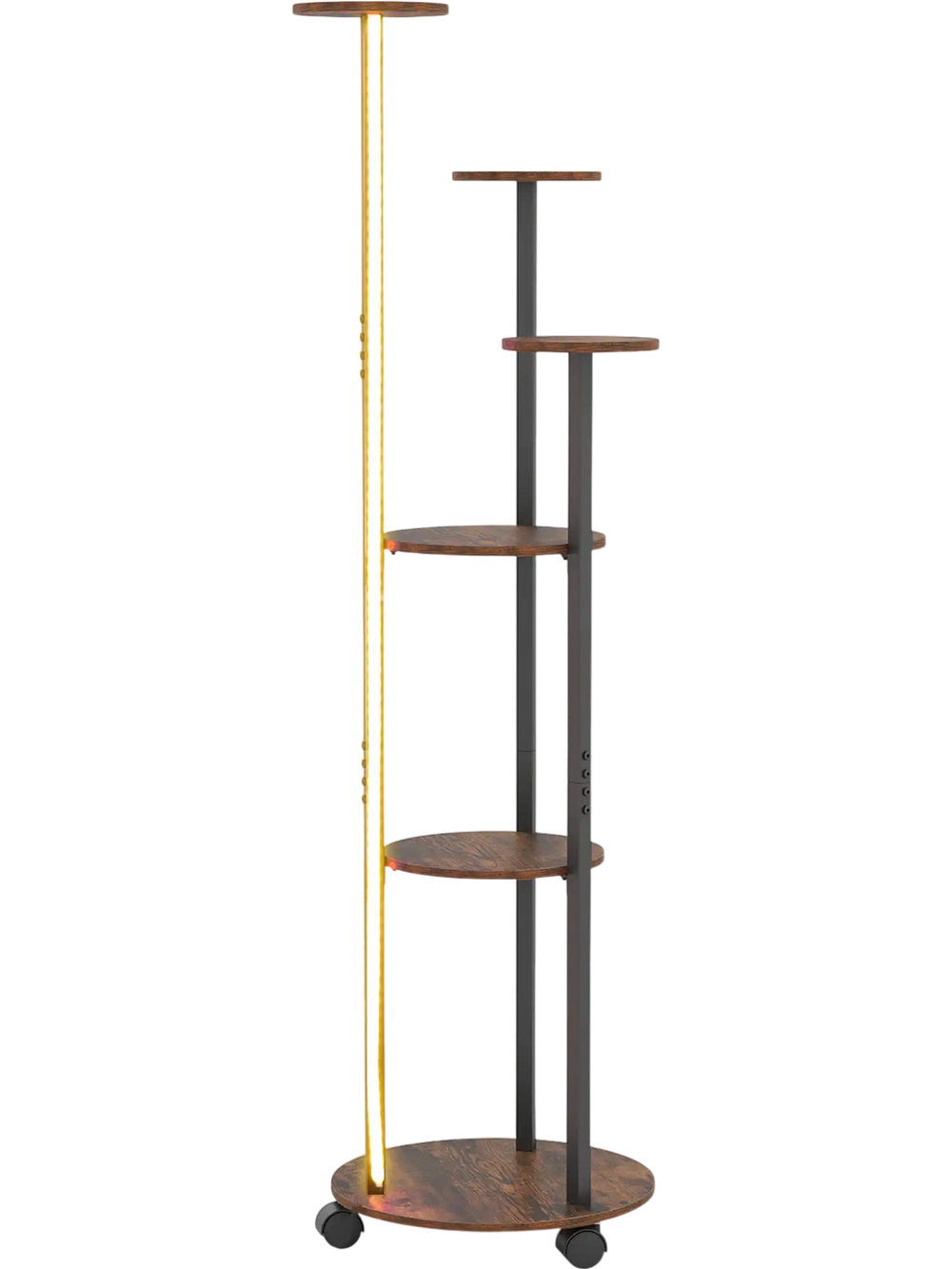 6-tier plant stand with RGB light in rustic brown, featuring wheels for easy relocation and space-saving design for.