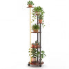 6-tier plant stand in rustic brown with RGB light, wheels, and space for multiple potted plants for indoor display.