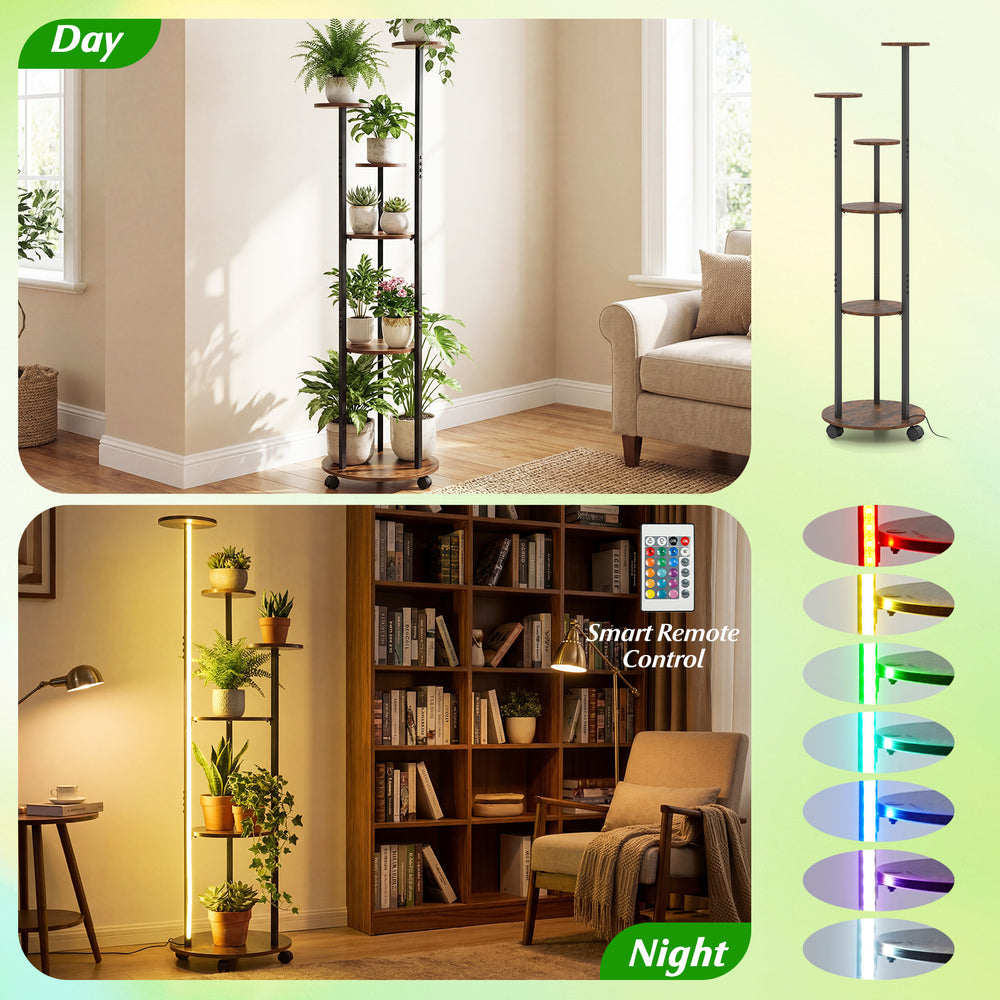 6-tier plant stand with RGB light and wheels, featuring a rustic brown finish, ideal for indoor plant display and.