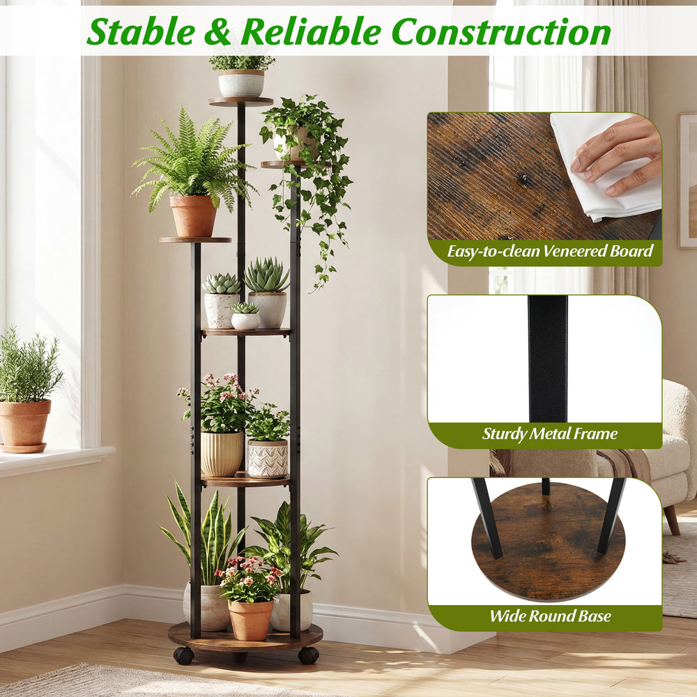 6-tier plant stand with rustic brown finish, featuring wheels and RGB light for indoor plant display and organization.