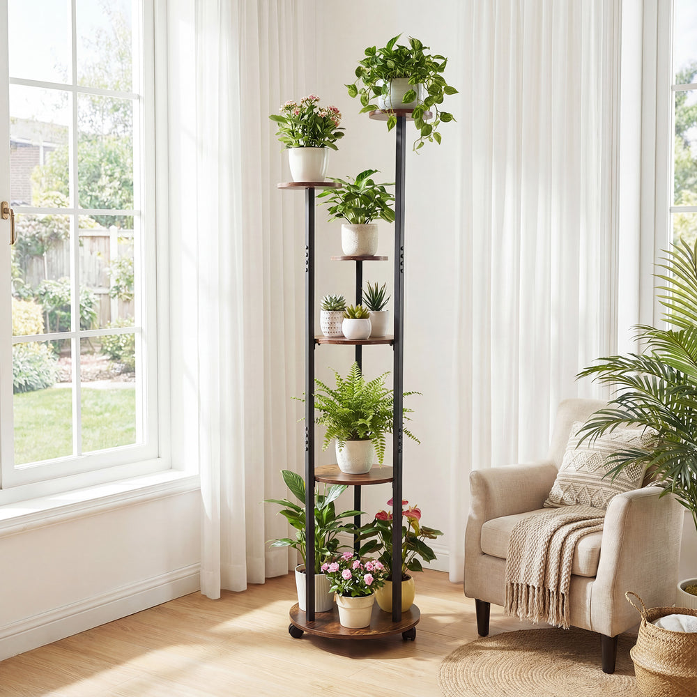 6-tier plant stand in rustic brown with RGB light, holding multiple potted plants, ideal for indoor display and.