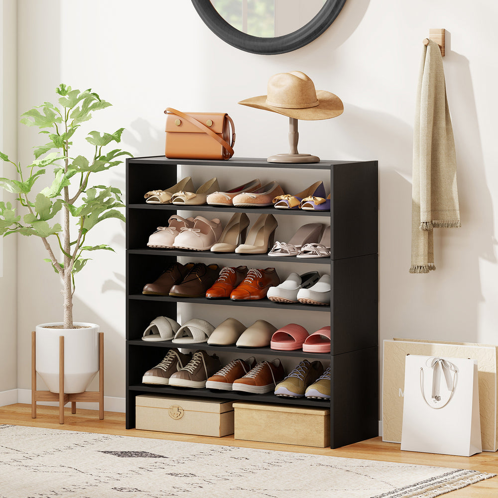 6-tier black shoe rack with spacious shelves and anti-tipping device, perfect for entryway organization and decor.