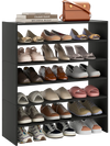 6-tier black shoe rack with spacious shelves and anti-tipping device, ideal for entryways and versatile storage.