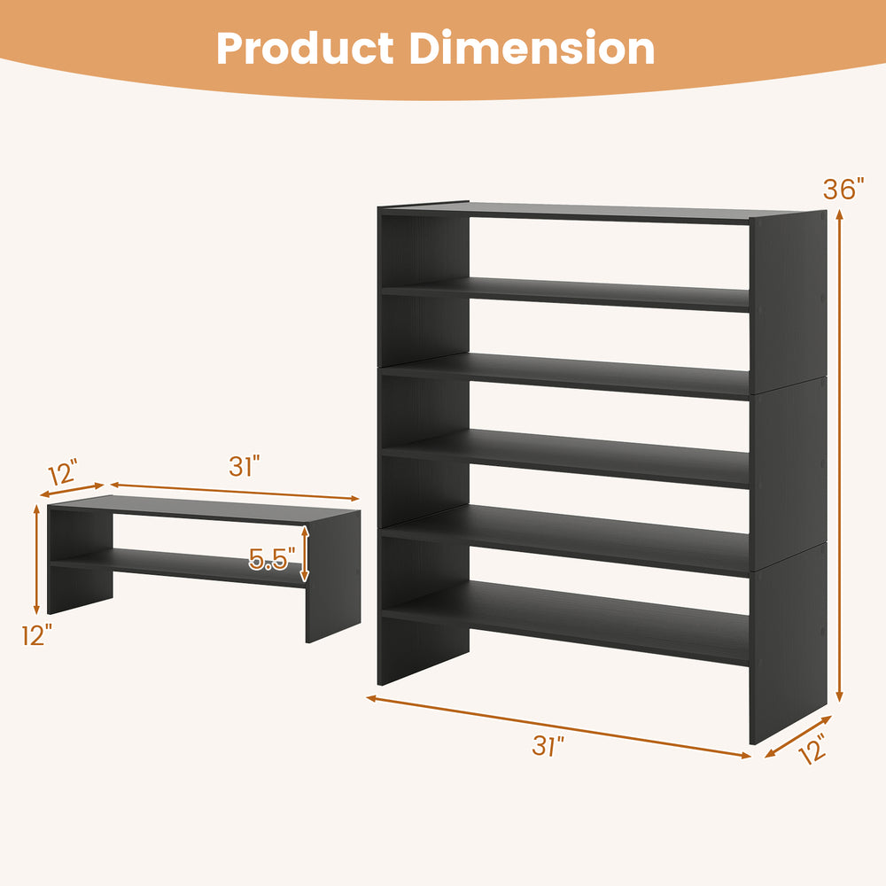 6-tier black shoe rack with dimensions, featuring sturdy construction and anti-tipping device for safe entryway storage.