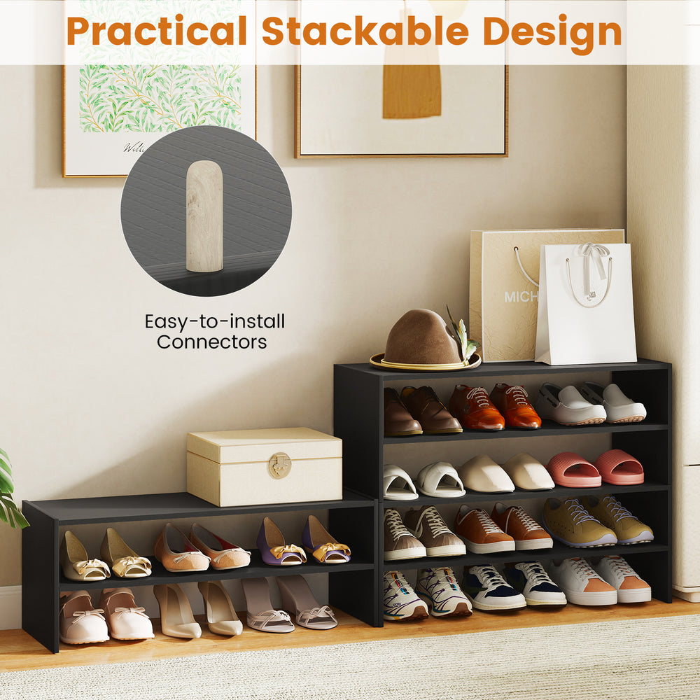 6-tier black shoe rack with spacious shelves and anti-tipping device, perfect for entryway or bedroom storage.