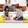 Tri-fold gym mat in yellow and pink, featuring a removable zippered cover, ideal for yoga and martial arts activities.