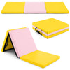 Tri-fold gym mat in yellow and pink, featuring a removable zippered cover, ideal for yoga and martial arts.