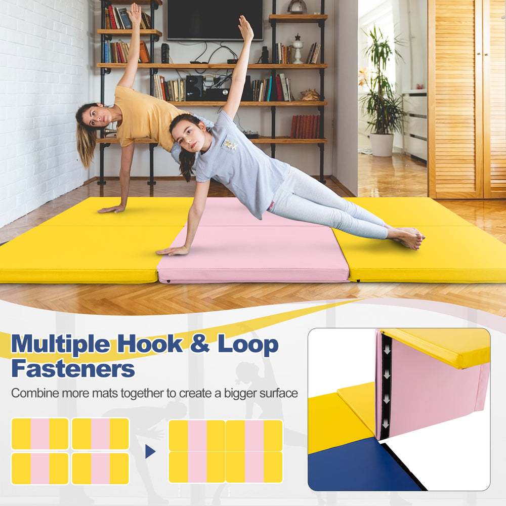 Tri-fold gym mat in yellow, featuring a removable zippered cover and hook and loop fasteners for versatile use.
