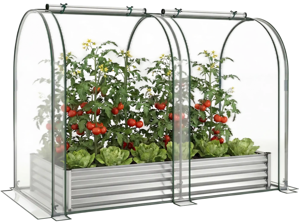 Galvanized raised garden bed with greenhouse cover, featuring clear PVC for warmth and rain protection, ideal for.