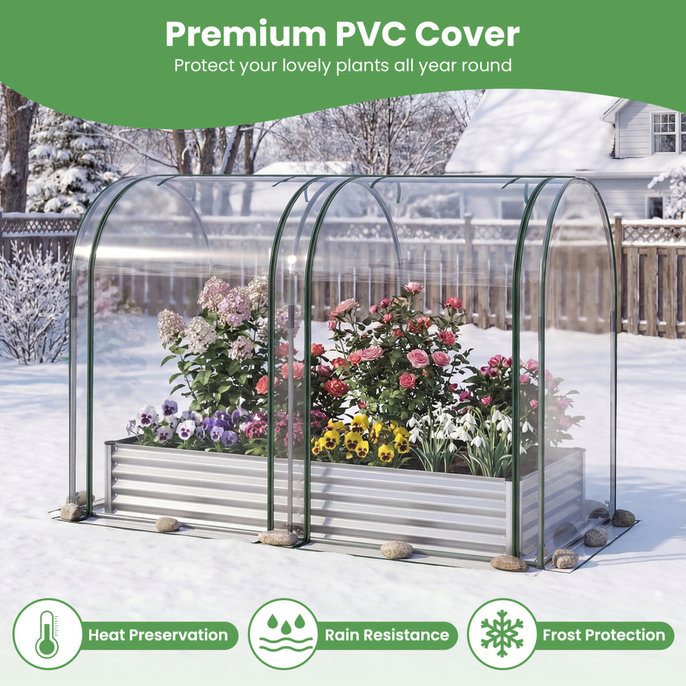 Galvanized raised garden bed with clear PVC greenhouse cover, providing rain and frost protection for healthy plants.