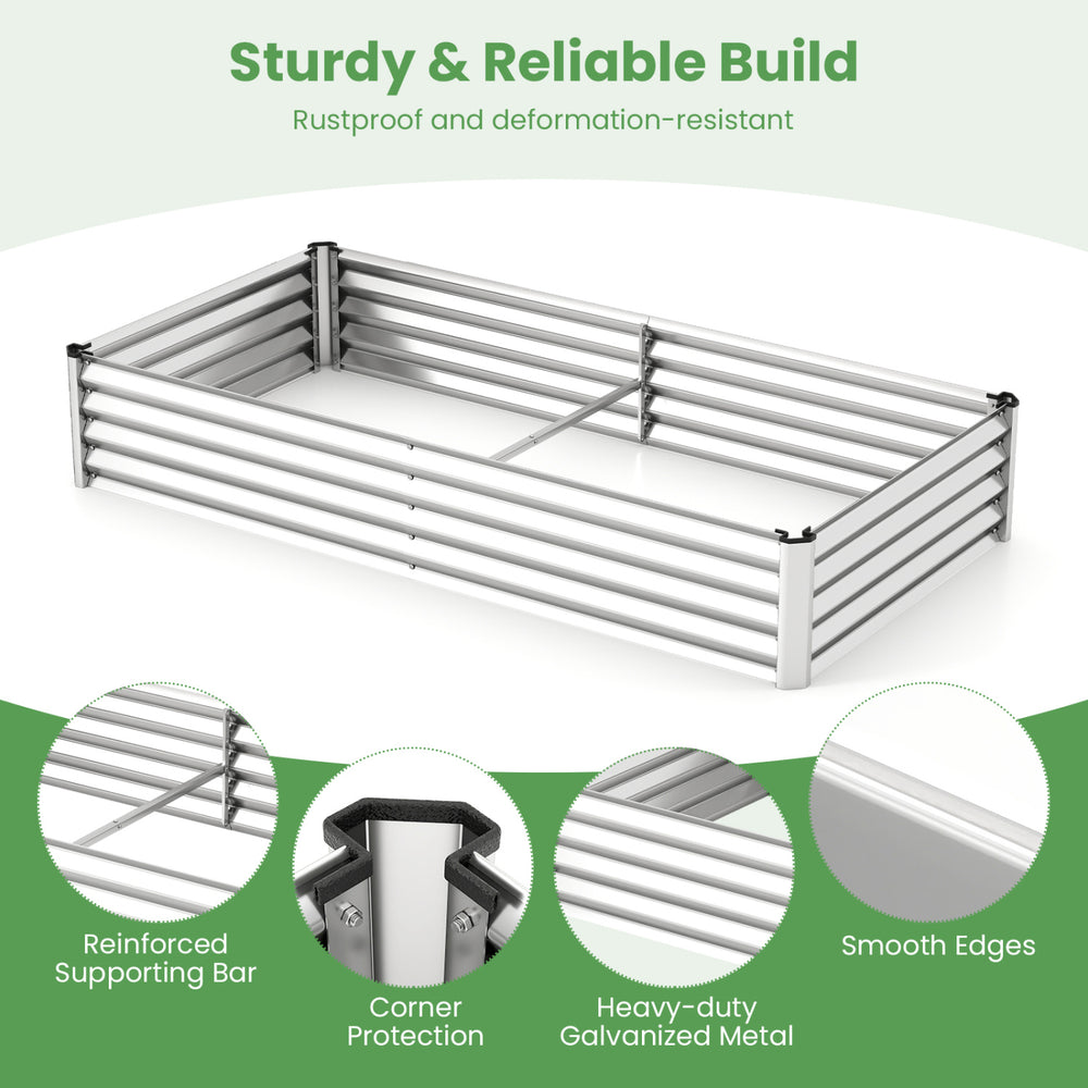 Galvanized raised garden bed with reinforced supporting bar, featuring smooth edges for safe outdoor gardening.