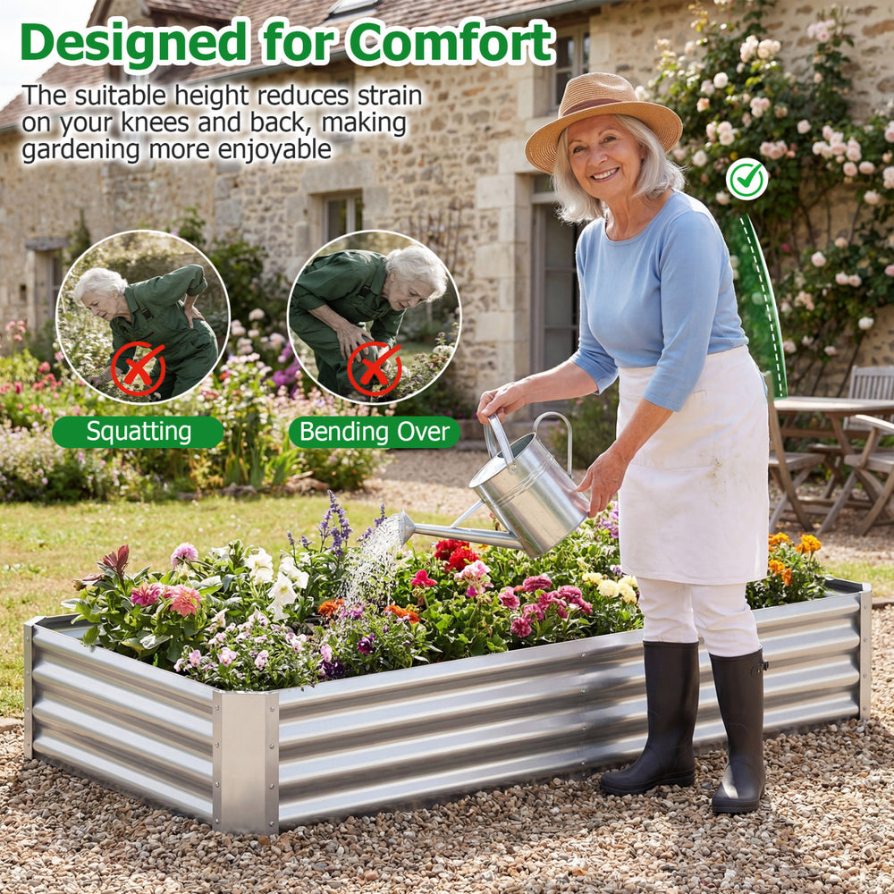 Galvanized raised garden bed with open-ended base, designed for comfort and easy gardening, ideal for flowers and.