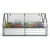 Galvanized raised garden bed with mini greenhouse, featuring dual windows for ventilation and ample root space.